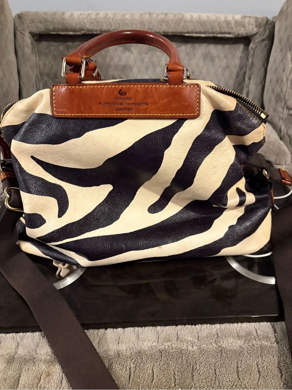 Dooney & Bourke Black-and-Cream Zebra Print Leather Messenger Bag